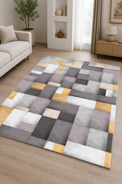 Gri Antrasit Zemin Gri Beyaz Altın Kare Mozaik Kürk Doku Patchwork Glamour Halı