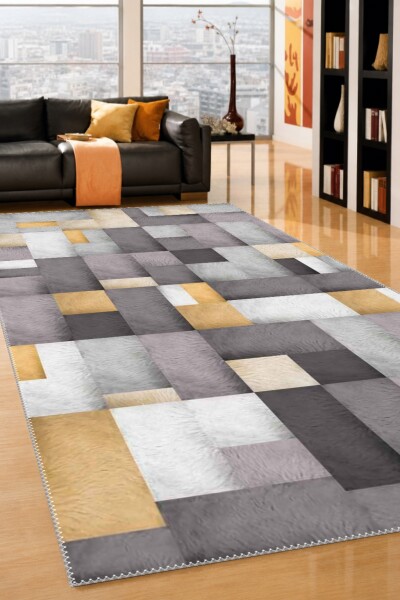 Gri Antrasit Zemin Gri Beyaz Altın Kare Mozaik Kürk Doku Patchwork Glamour Halı