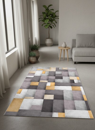 Gri Antrasit Zemin Gri Beyaz Altın Kare Mozaik Kürk Doku Patchwork Glamour Halı