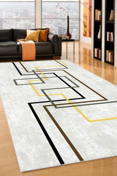 Açık Gri Zemin Siyah Kahve Altın İç İçe Kırık Dikdörtgen L Çerçeve Minimalist Mid-Century Halı