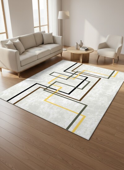 Açık Gri Zemin Siyah Kahve Altın İç İçe Kırık Dikdörtgen L Çerçeve Minimalist Mid-Century Halı