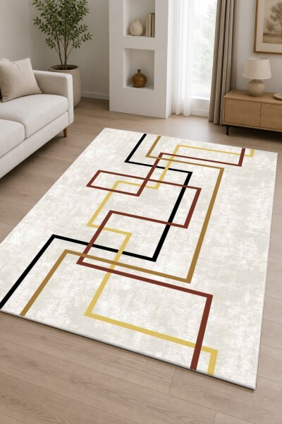 Açık Gri Zemin Siyah Bordo Altın İç İçe Kırık Dikdörtgen L Çerçeve Minimalist Mid-Century Halı