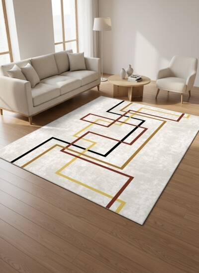 Açık Gri Zemin Siyah Bordo Altın İç İçe Kırık Dikdörtgen L Çerçeve Minimalist Mid-Century Halı
