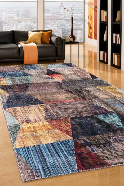 Çok Renkli Dokuma Zemin Mavi Mor Pembe Sarı Üçgen Patchwork Sanatsal Modern Halı