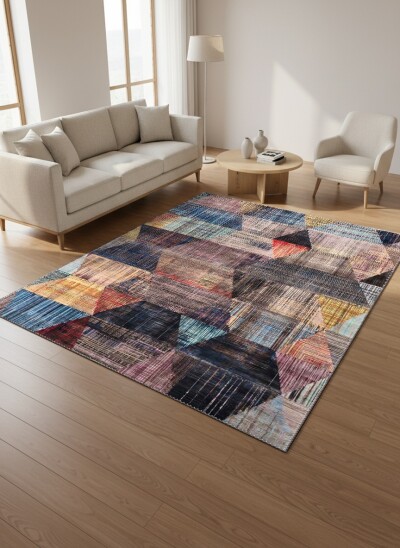 Çok Renkli Dokuma Zemin Mavi Mor Pembe Sarı Üçgen Patchwork Sanatsal Modern Halı
