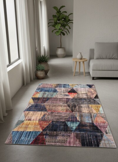 Çok Renkli Dokuma Zemin Mavi Mor Pembe Sarı Üçgen Patchwork Sanatsal Modern Halı