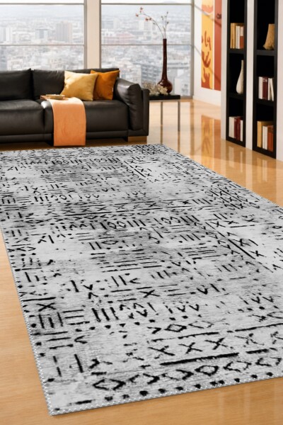 Siyah Beyaz Gri Primitif Afrika Mud Cloth Sembol Tam Ekran Vintage Etnik Halı