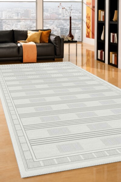 Krem Beyaz İnce Çizgili Dikdörtgen Kareli Tekrar Desen Minimal Kilim Halı