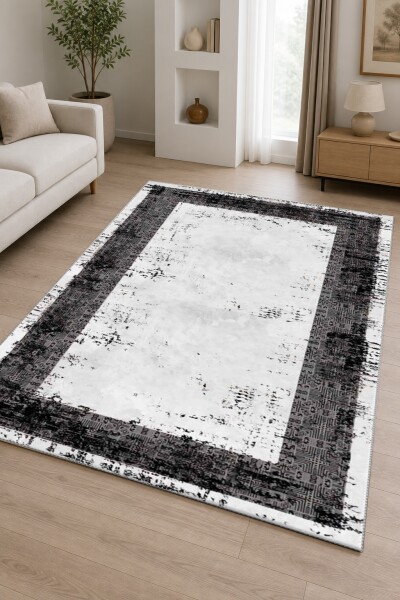 Siyah Gri Eskitme Nakış Kilim Çerçeve Beyaz Merkez Soyut Dramatik Halı