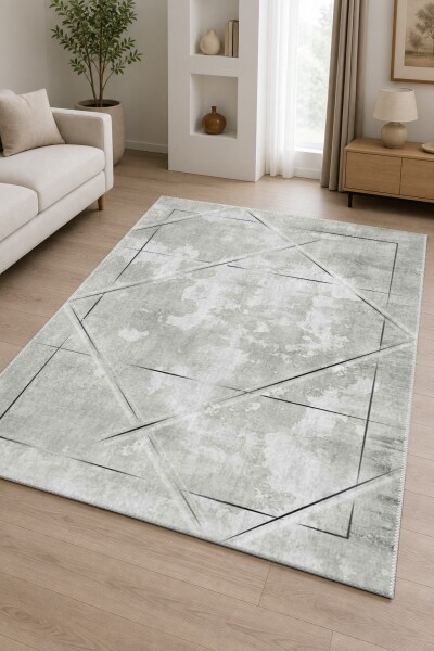 Açık Gri Beton Soyut Eskitme İnce Siyah Çerçeve Elmas Kare İç İçe Geometrik Halı