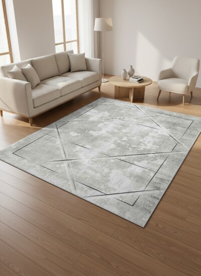 Açık Gri Beton Soyut Eskitme İnce Siyah Çerçeve Elmas Kare İç İçe Geometrik Halı