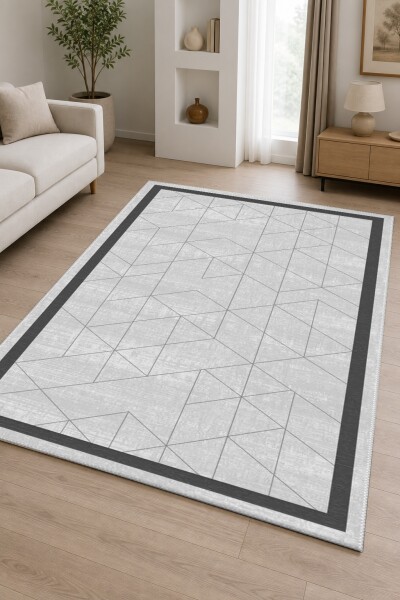 Açık Gri Keten Dokuma İnce Gri Büyük Üçgen Elmas Geometrik Antrasit Çerçeve Halı
