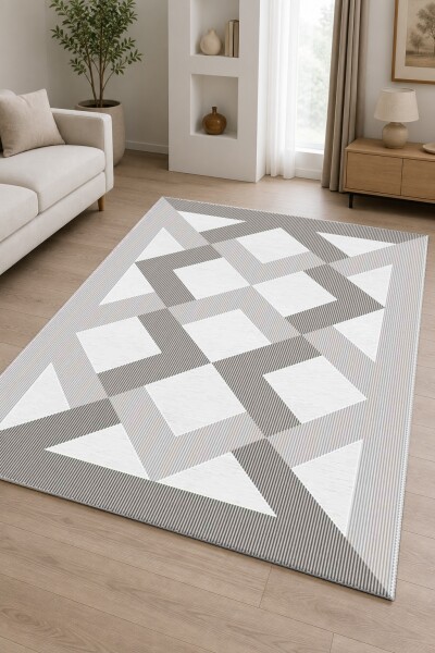 Beyaz Gri Çizgili Dokuma Büyük Elmas Baklava Üçgen Simetrik Op Art Geometrik Halı