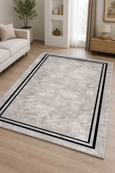 Açık Gri Beton Mermer Soyut Eskitme İnce Çift Siyah Dikdörtgen Çerçeve Minimal Halı