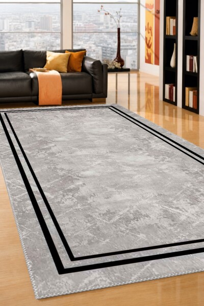 Açık Gri Beton Mermer Soyut Eskitme İnce Çift Siyah Dikdörtgen Çerçeve Minimal Halı