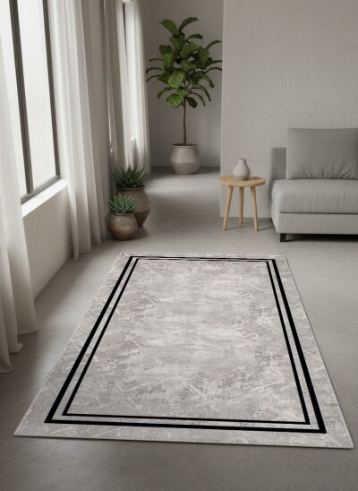 Açık Gri Beton Mermer Soyut Eskitme İnce Çift Siyah Dikdörtgen Çerçeve Minimal Halı