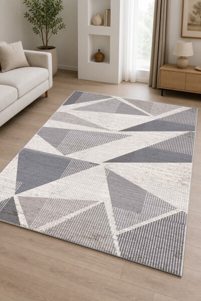 Gri Beyaz Keten Dokuma Büyük Çapraz Üçgen Patchwork Soyut Tam Ekran Geometrik Halı