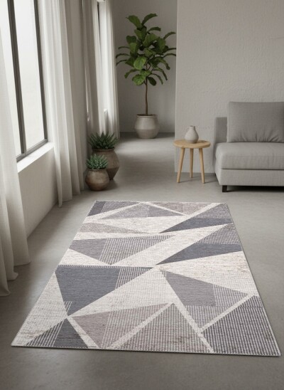 Gri Beyaz Keten Dokuma Büyük Çapraz Üçgen Patchwork Soyut Tam Ekran Geometrik Halı