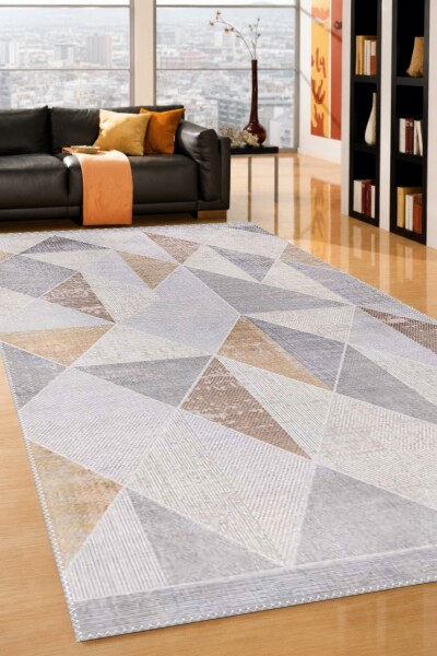 Gri Bej Krem Pastel Üçgen Elmas Patchwork Mozaik Farklı Dokulu Panel Geometrik Halı