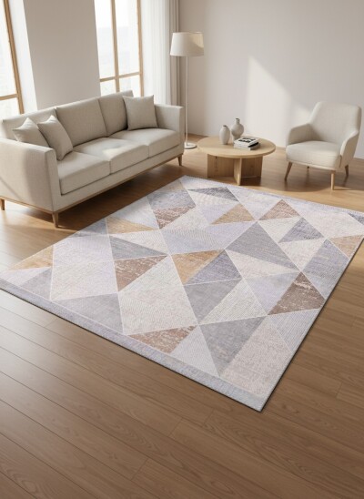 Gri Bej Krem Pastel Üçgen Elmas Patchwork Mozaik Farklı Dokulu Panel Geometrik Halı