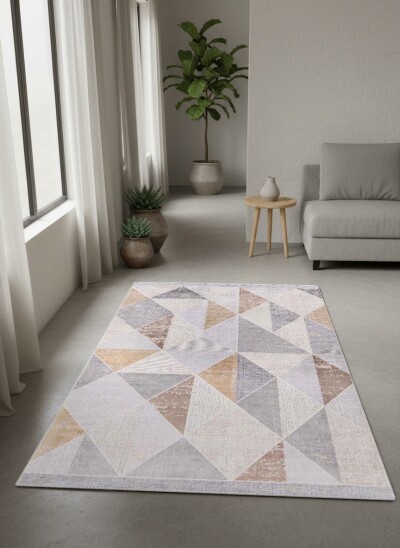 Gri Bej Krem Pastel Üçgen Elmas Patchwork Mozaik Farklı Dokulu Panel Geometrik Halı