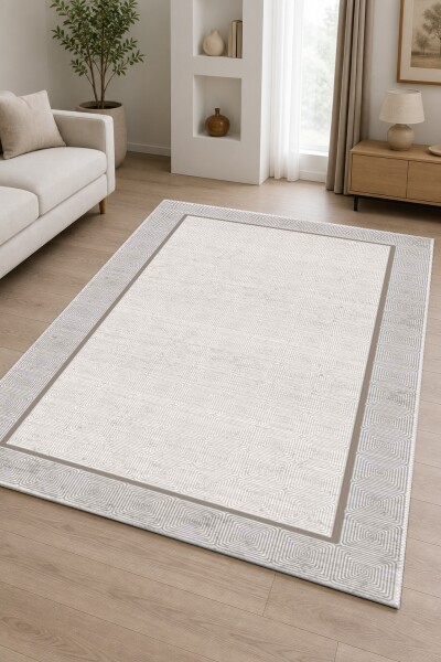 Krem Beyaz İç İçe Spiral Kare Labirent Tam Ekran Taupe Vizon İnce Çerçeve Halı