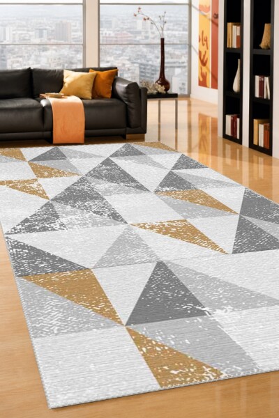 Gri Beyaz Krem Sarı Gold Vurgu Üçgen Patchwork Eskitme Geometrik Skandinav Halı
