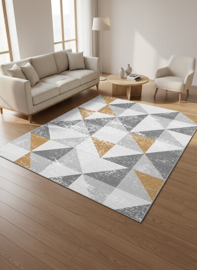Gri Beyaz Krem Sarı Gold Vurgu Üçgen Patchwork Eskitme Geometrik Skandinav Halı