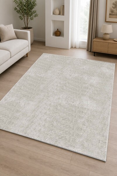 Açık Gri Bej Kadife Düz Dikey Çizgili Sade Çerçevesiz Minimal Tekstür Salon Halısı