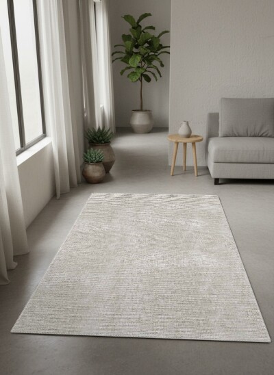Açık Gri Bej Kadife Düz Dikey Çizgili Sade Çerçevesiz Minimal Tekstür Salon Halısı