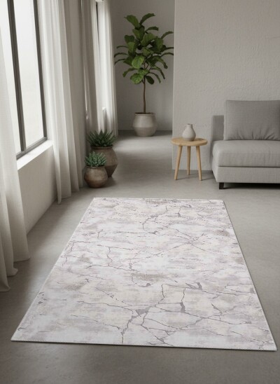 Beyaz Gri Mermer Çatlak Çizik Tam Alan Kaplayan Çerçevesiz Minimal Salon Halısı