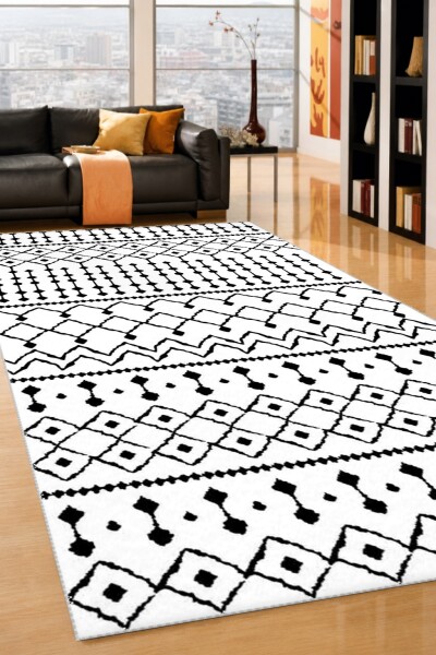 Beyaz Zemin Siyah Etnik Boho Yatay Bant Baklava Chevron Fas Tribal Dekoratif Halı