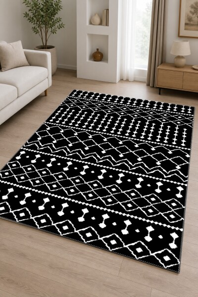 Siyah Zemin Beyaz Etnik Boho Yatay Bant Baklava Chevron Tribal Dramatik Salon Halısı