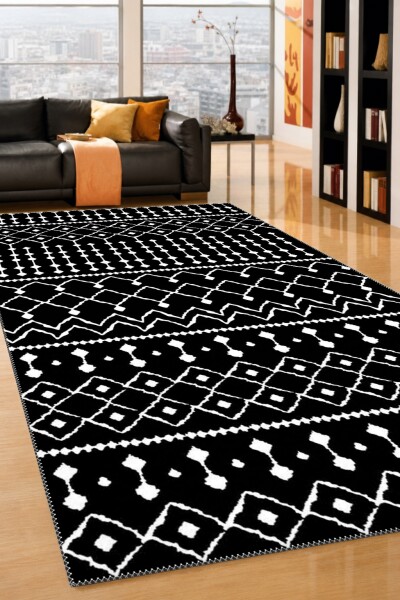 Siyah Zemin Beyaz Etnik Boho Yatay Bant Baklava Chevron Tribal Dramatik Salon Halısı