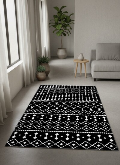 Siyah Zemin Beyaz Etnik Boho Yatay Bant Baklava Chevron Tribal Dramatik Salon Halısı