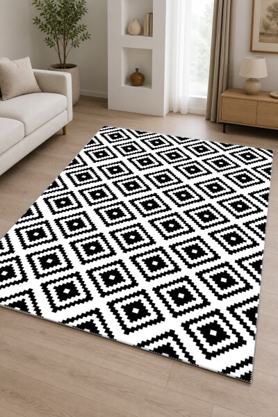 Beyaz Zemin Siyah Piksel İç İçe Kare Elmas Diyagonal Grafik Geometrik Salon Halısı