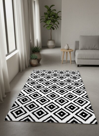 Beyaz Zemin Siyah Piksel İç İçe Kare Elmas Diyagonal Grafik Geometrik Salon Halısı