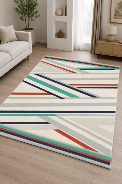 Krem Zemin Çapraz Gri Lacivert Kırmızı Teal Renkli Şeritli Art Deco Geometrik Salon Halısı