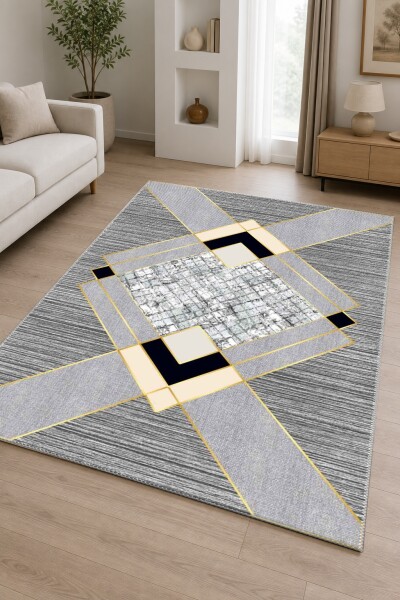 Gri Çizgili Zemin Siyah Krem Gold Mermer Merkezli Art Deco Elmas Madalyon Salon Halısı