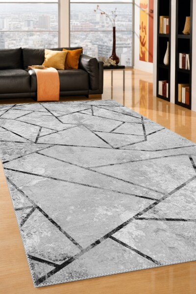 Açık Gri Beton Taş Zemin Siyah İnce Çizgili Kırık Mozaik Poligon Geometrik Salon Halısı