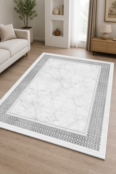 Beyaz Mermer Damarlı Zemin Gri Silver Geometrik Kafes Bordürlü Lüks Salon Halısı