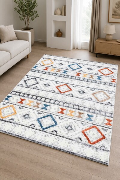 Beyaz Keten Zemin Sarı Turuncu Mavi Kırmızı Renkli Etnik Boho Kilim Yatay Bant Salon Halısı