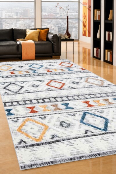 Beyaz Keten Zemin Sarı Turuncu Mavi Kırmızı Renkli Etnik Boho Kilim Yatay Bant Salon Halısı