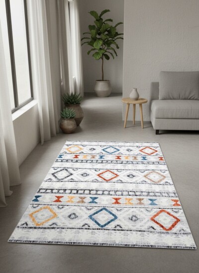 Beyaz Keten Zemin Sarı Turuncu Mavi Kırmızı Renkli Etnik Boho Kilim Yatay Bant Salon Halısı