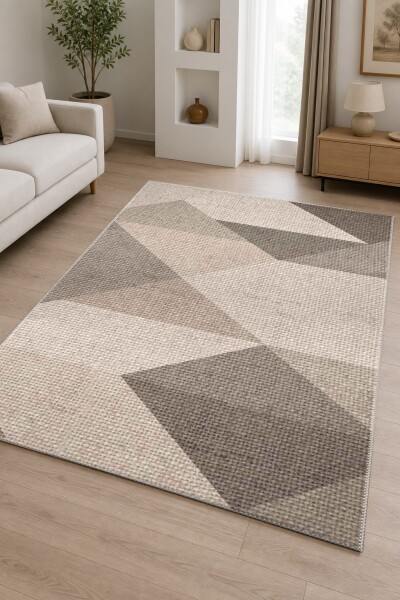 Keten Çuval Dokulu Krem Gri Kahve Büyük Chevron Ok Diyagonal Geometrik Patchwork Salon Halısı