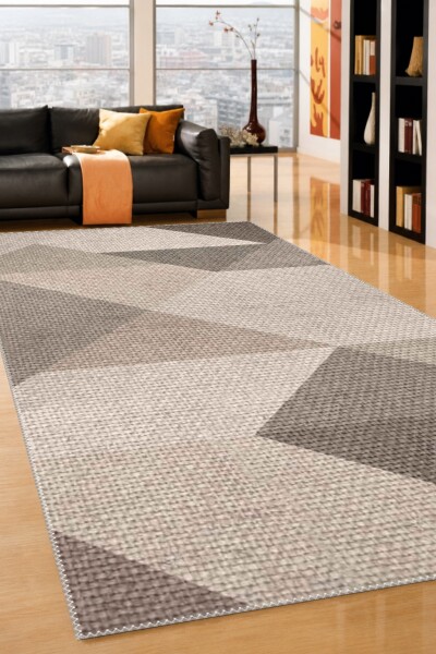 Keten Çuval Dokulu Krem Gri Kahve Büyük Chevron Ok Diyagonal Geometrik Patchwork Salon Halısı