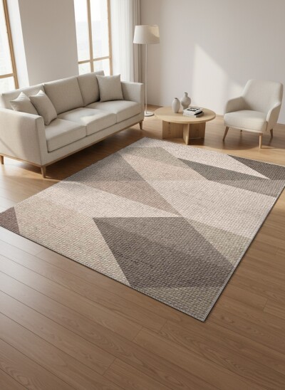 Keten Çuval Dokulu Krem Gri Kahve Büyük Chevron Ok Diyagonal Geometrik Patchwork Salon Halısı
