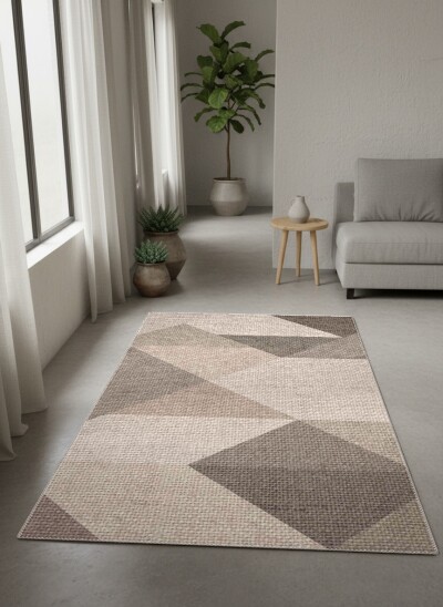 Keten Çuval Dokulu Krem Gri Kahve Büyük Chevron Ok Diyagonal Geometrik Patchwork Salon Halısı