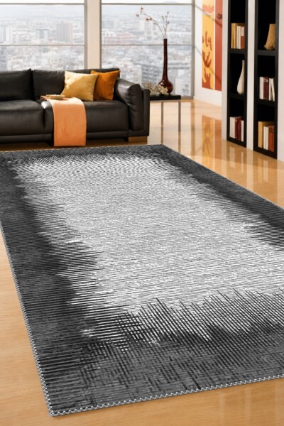 Siyah Antrasit Kenar Beyaz Merkez Dikey Çizgili Halo Soyut Geçişli Minimal Salon Halısı