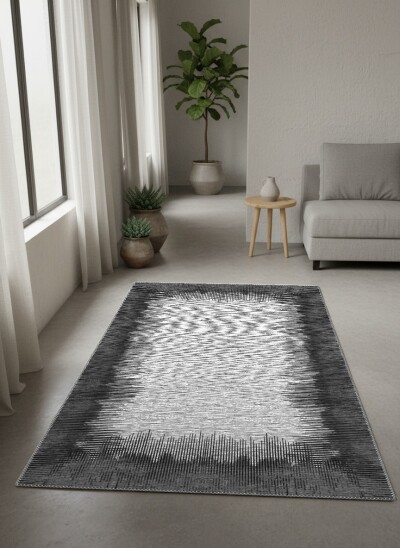 Siyah Antrasit Kenar Beyaz Merkez Dikey Çizgili Halo Soyut Geçişli Minimal Salon Halısı
